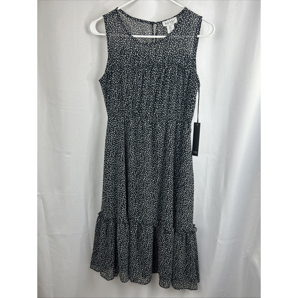 Nicole Miller Dress Black White Dots Print Ruffle Tiered Sleeveless 2 NWT Midi